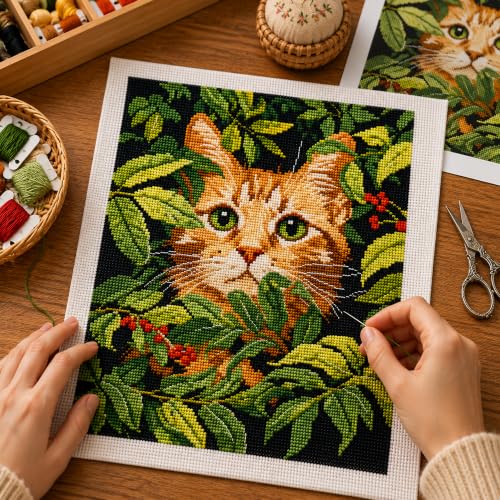 Zhenqing Orange Cat Stamped Cross Stitch Kit for Beginners, 11CT Printed Full Coverage Ginger Kitten in Green Leaves Pattern, 28 x 38 cm DIY Animal Embroidery Needlework Set, No Hoop Needed - color: Hidden Garden Cat