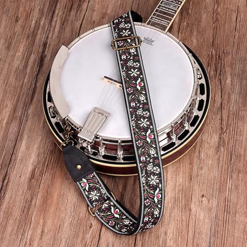 Nefelibata Banjo Strap,2"Wide Double Crazy Horse Leather Jacquard Embroidery Strap Adjustable Replacement,Multi-pattern Strap With Metal Clips - color: A#-leather White Flower Embroidery