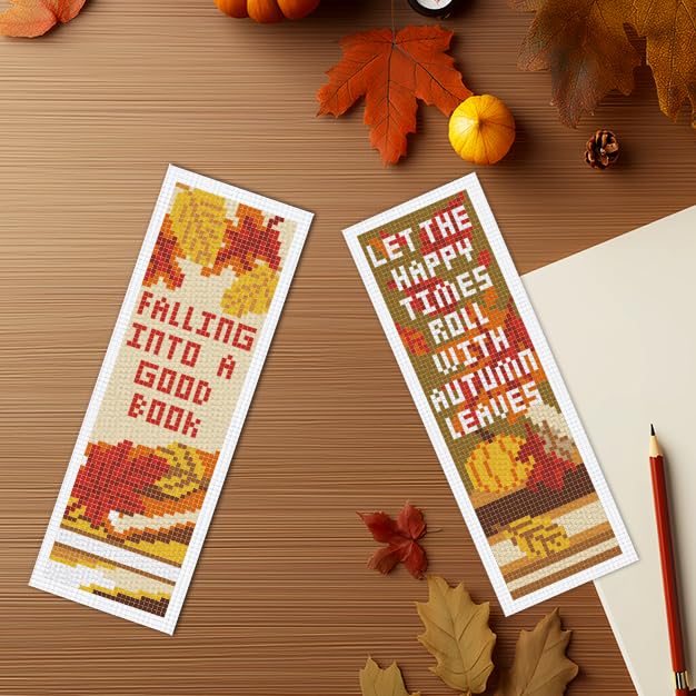 INFUNLY 6pcs/Set Thanksgiving Cross Stitch Bookmarks Kit Fall Leaves Book DIY Stamped Embroidery Bookmark Vintage Pumpkin Handmade Cross Stitch Bookmarks with Backing Felt Instruction for Book Lover - style: Thanksgiving