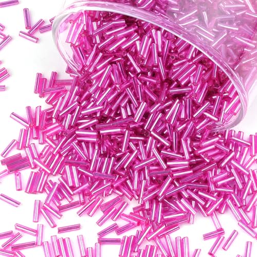4000 Pcs Fuchsia Glass Bugle Beads, 2 x 7 mm Embroidery Beads, Small Long Tube Seed Beads for Embroidery Craft Jewelry Making - color: Fuchsia