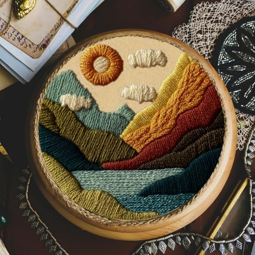 FONNUY Embroidery Kit for Beginners, Textured Vibrant Nature Landscape Pre-Stamped Pattern Kits for Adults with Hoop, Easy to Follow Color Thread Needlework, 8'' Hoop (Green 1) - color: Green 1