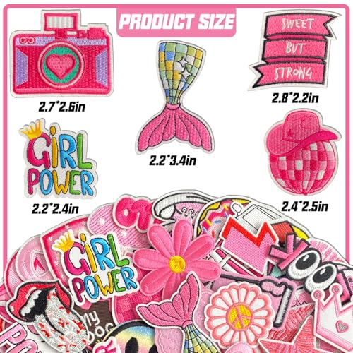 J.CARP 60Pcs Pink Iron on Patches for Girls, Random Girly Embroidery Pink Patches for Clothing, Hats, Backpacks, Jackets, and Bags - color: Pink Random Patches 60Pcs