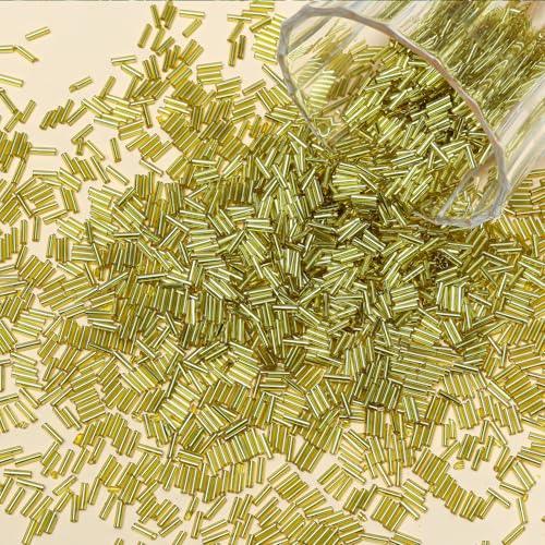 4200pcs Glass Bugle Beads, Mini Long Tube Seed Beads Bulk, Tiny Small Loose Spacer Embroidery Beaded for Bracelets Jewelry Making Sewing, Crafts, Christmas Ornaments, 2×6mm, Yellow - color: Yellow