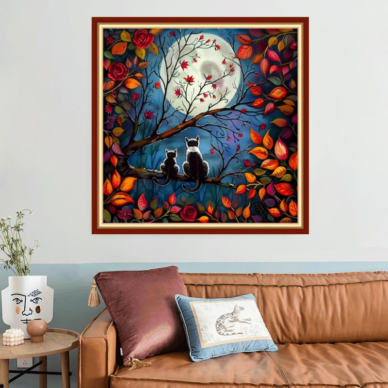 Joyhoor Stamped Cross Stitch Kits for Beginners, Needlepoint Kits for Adults, 11CT Counted Embroidery Kits-Cats Admiring the Moon 18x18 inchs - color: Artstyle07