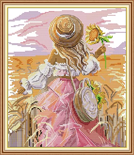 CaptainCrafts New Cross Stitch Kits Embroidery Kit Full Range Pre-Printed and Counted Fabrics Kits for Adults Beginners Home Decor (Stamped 14CT, Sunflower Girl) - color: Sunflower girl, size: Stamped 14CT