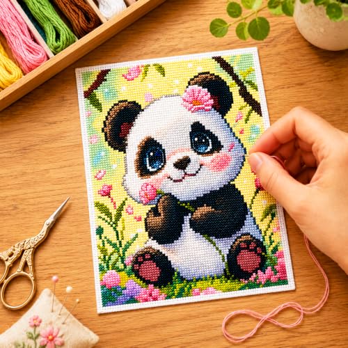 Zhenqing Panda Stamped Cross Stitch Kit for Beginners, 11CT Printed Full Coverage Cute Panda with Pink Flowers Pattern, 38 x 48 cm DIY Animal Embroidery Needlework Set, No Hoop Needed - color: Panda