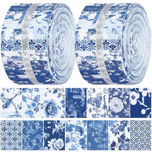 Hosuly 40 Pcs Chinoiserie Porcelain Fabric Jelly Cotton Quilting Strip Roll - color: Blue and White Porcelain