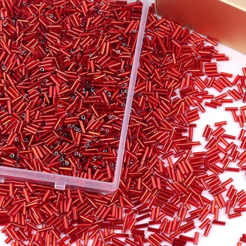 4000 Pcs Deep Red Glass Bugle Beads, 2 x 7 mm Embroidery Beads, Small Long Tube Seed Beads for Embroidery Craft Jewelry Making - color: Deep Red