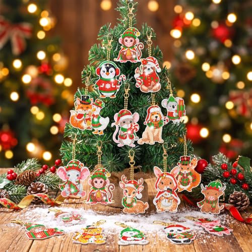 Tondiamo 20 Pcs Christmas Cute Animal Diamond Painting Keychains Kit, Xmas Cartoon Animal Ornaments DIY Diamond Art Key Pendant Set for Xmas Tree Decor Party Favors Gift - style: Animal