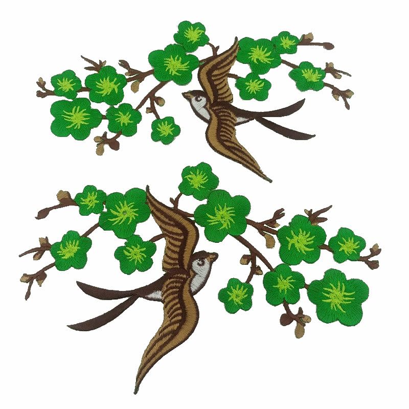 1pair Quince Sakura Flower Embroidery Iron On Applique Patches (Green) - color: Green