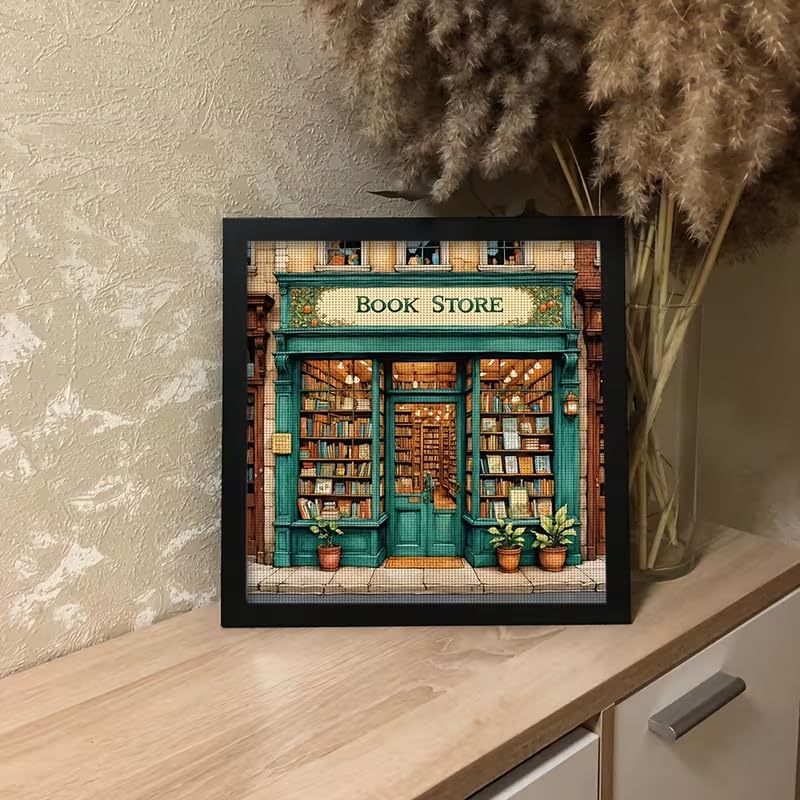 Vintage Book Store Stamped Cross Stitch Kits for Adults, 11CT Needlepoint Counted Cross Stitch Kits for Beginner, Printed Dimensions Embroidery Kit Art Craft for Home Wall Decor 14x14 Inch - color: SZXY010-US