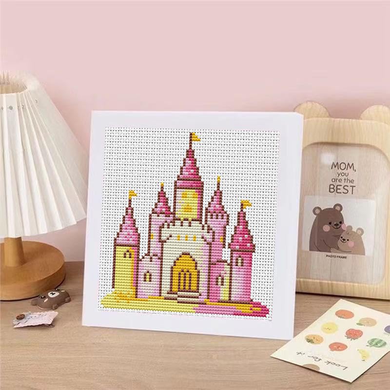 VIGEGU Pink Castle Stamped Cross Stitch Kits for Adult Beginner with Frame - color: Castle Cross Stitch with Framed