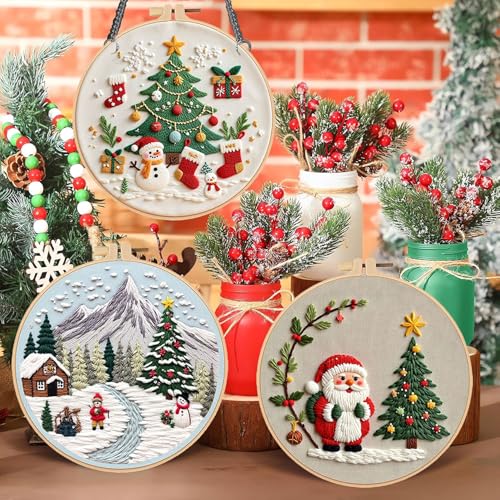 LB Red Christmas Embroidery Kit for Beginners Adults, 3 Sets Hand Embroidery Starter Kit with Santa Pattern and Instructions Stamped Cross Stitch Kits Include Embroidery Hoop Needles Threads Scissors - color: Green Gold
