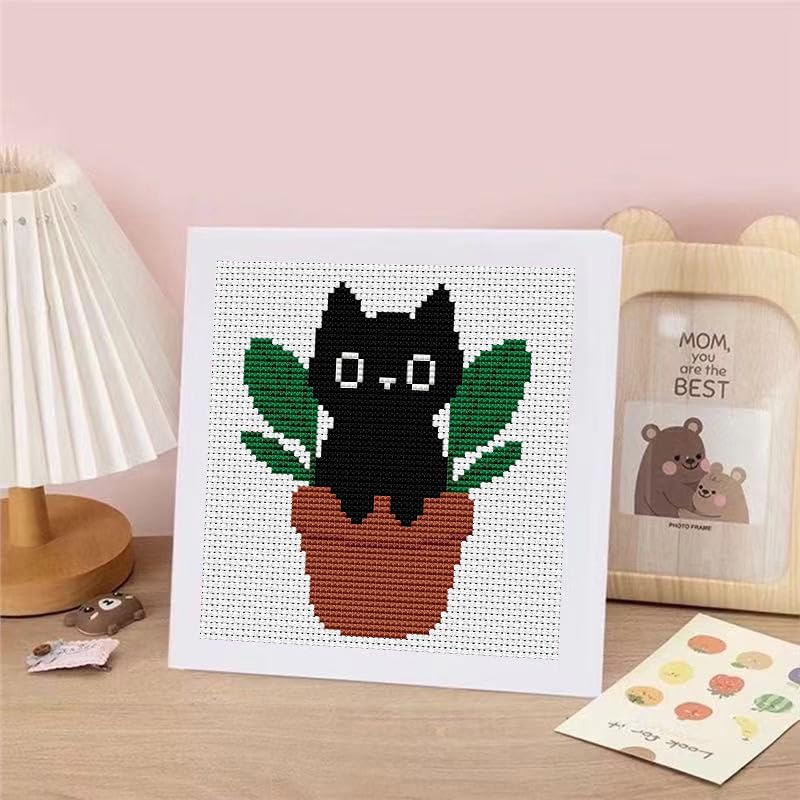 Black Cat Plants Stamped Cross Stitch Kits for Adults Beginners with Frame - color: Black Cat Plants Cross Stitch with Frame
