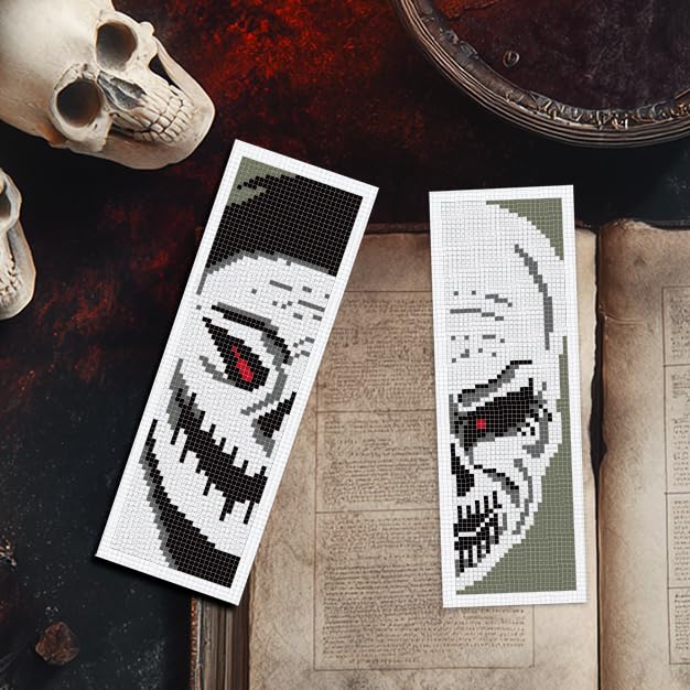 INFUNLY 6PCS Skull Theme Cross Stitch Kit for Beginners 8.5x3 DIY Bookmarks Cross Stitch Kits Black White Horror Embroidery Cross Stitch Kits with Backing Felt Floss Instruction for Book Lovers - style: 6PCS Skull Theme