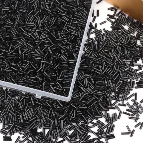 4000 Pcs Black Glass Bugle Beads, 2 x 7 mm Embroidery Beads, Small Long Tube Seed Beads for Embroidery Craft Jewelry Making - color: Black