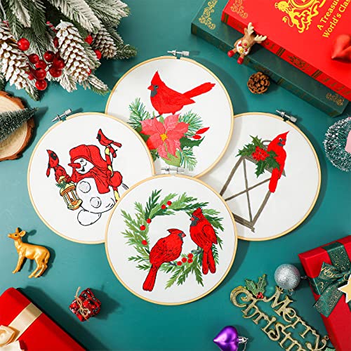 Ysleen 4 Set Christmas Cardinal Embroidery Kit for Beginners with Hoops