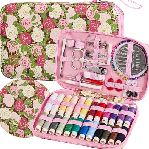Rose Floral Sewing Kit with 130 PCS Sewing Supplies Accessory,PU Zipper Sewing Needles Set, Professional Travel Sewing Kit for Adults,Emergency, Beginners - color: 130PCS-MG