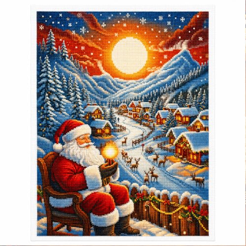 Zhenqing Christmas Santa Snowy Village Stamped Cross Stitch Kit for Beginners, 11CT Printed 28 x 38 cm Santa Claus Reindeer Moonlit Winter Landscape DIY Embroidery Set, No Hoop Needed - color: Santa’s Moonlit Snow Village