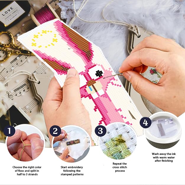 INFUNLY 6pcs Abstract Animal DIY Cross Stitch Bookmark Kits for Beginners Pink Theme Cross Stitch Kit with Instruction Bunny Cat Dog Stamped Embroidery Bookmark Kit for Book Lovers Readers Gift - style: 6pcs Abstract Animal
