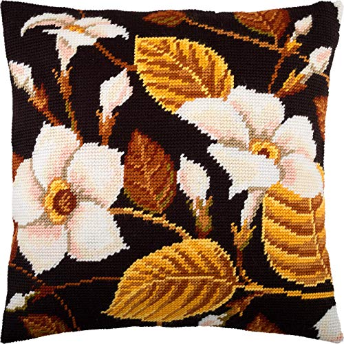 Magnolia of Gold. Needlepoint Kit. Throw Pillow 16×16 Inches. Printed Tapestry Canvas, European Quality - color: Magnolia of Gold (Front)