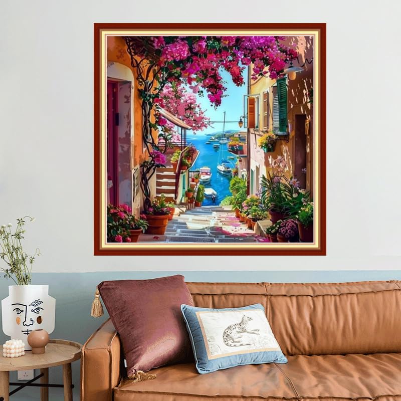 Joyhoor Stamped Cross Stitch Kits for Beginners, Needlepoint Kits for Adults, 11CT Counted Embroidery Kits-Seaside Flower Street 18x18 inchs - color: Artstyle16
