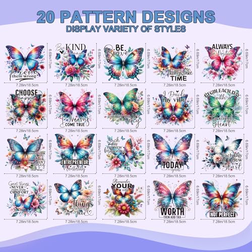 Wxiben Dtf Transfers Ready to Press - 20 Pcs Butterfly Iron on Transfers for T-shirts Inspirational Quotes Heat Transfer Vinyl Decal Sticker Floral Butterfly Iron on Patches for Clothing Bag DIY Craft - style: Butterfly