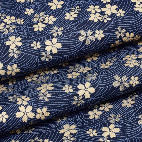 MAYJOYDIY 1 Yard 59 Inch Blue Japanese Cotton Fabric Sakura Quilting Bundles Gold Cherry Blossoms and Waves Print for Sewing Clothing Bag Tablecloth Sofa Pillow DIY Craft - color: Blue