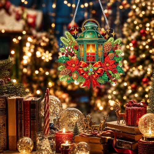 Eiflow Acrylic Christmas Diamond Art Hanging Kit for Adults Lantern, DIY Diamonds Painting Door Hanger Ornament Kit Wreath Crystal Diamond Art Painting Wall Window Hanging Pendant - color: Lantern
