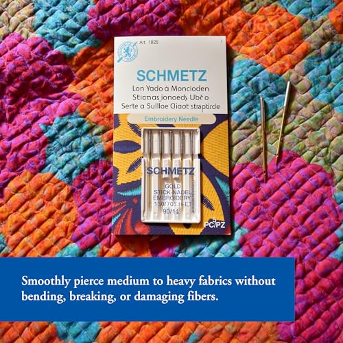 SCHMETZ Gold Embroidery Sewing Machine Needles - Titanium Coated for Smooth Stitching, Size 75/11, 5-Needle Cards, Pack of 1 - size: 75/11