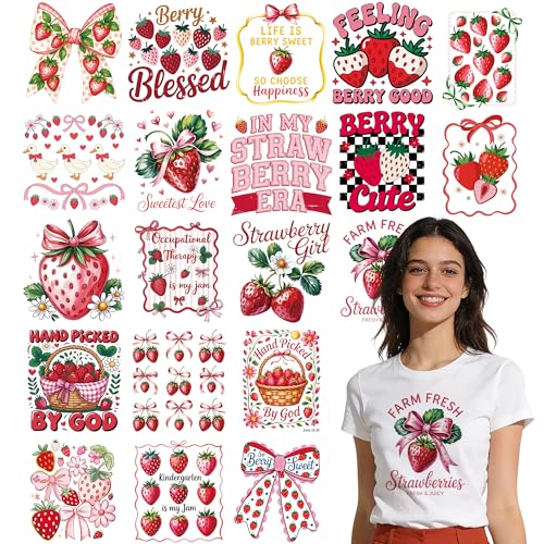 Dazoratix Strawberry Iron on Transfers - 20 Sheets Pink Coquettee Bow DTF Ready to Press Heat Patches Stickers Vinyl Decals for Girls Women T Shirts Clothes Pillow Bag DIY Crafts Appliques Decorations - style: Strawberry