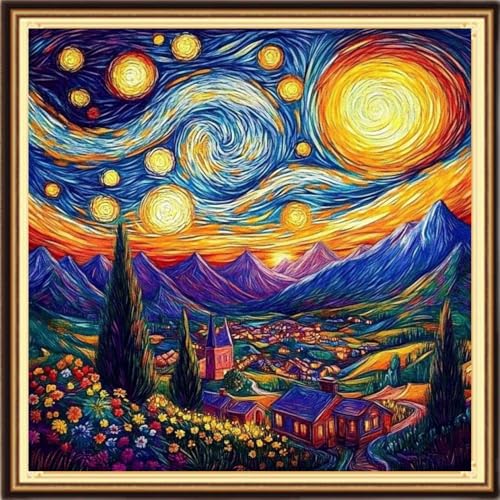 Redxing Counted Cross Stitch Kit for Beginners,Unprinted Needlepoint Kits for Beginners Cross Stitching Embroidery Kit 11CT Stitches kit-Van Gogh's Starry and Moonlit Scenery 18x18 inch - color: KitsColor05