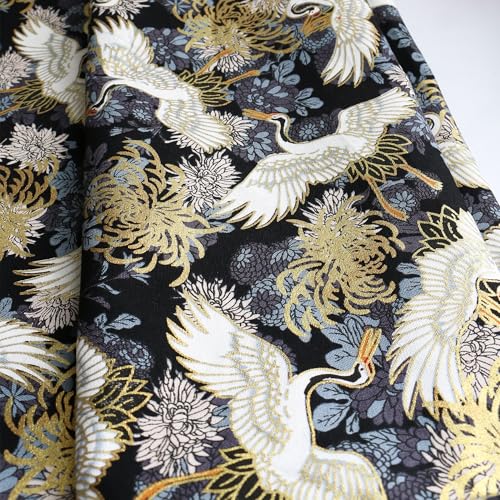 White Crane Fabric,160 GSM Japanese Black Cotton Fabric Gold Hot Stamping,59 Inches Wide for Sewing Clothing Bag Tablecloth Sofa Pillow DIY Craft (Cut by The Yard) - color: White Crane, size: 1 yard