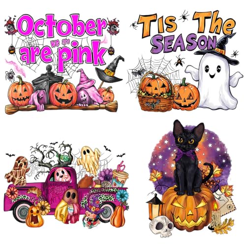 4 Packs Halloween Iron on Patches for Clothing Pink Pumpkin Ghost Heat Transfer Vinyl HTV Decals Black Cat Bat Spider Cat Pattern Iron on Transfer Stickers for T-Shirt Clothes Pillow Hoodie DIY Craft - color: H