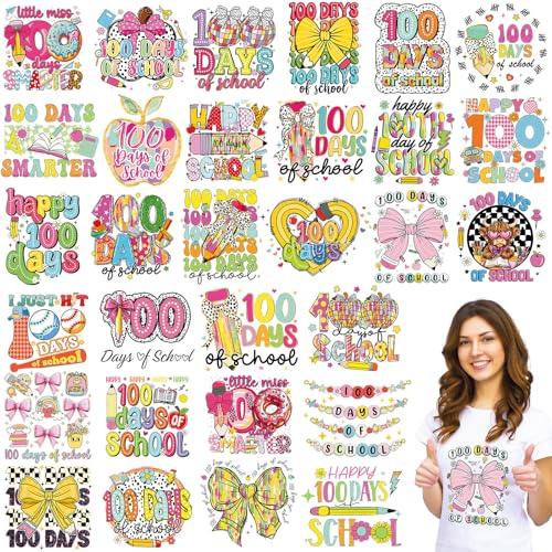 Yuntau 30 Pcs 100 Day of School Iron on Transfers Patches, DTF Vinyl Decal - style: 100 Day of School
