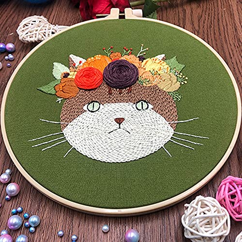 Mozzyyee Embroidery Starter kit, DIY Adult Beginner Embroidery Kits, Including Cloth with Cat Patterns, Colored Threads, Needles, Hoops and Instructions (Green) - color: Green