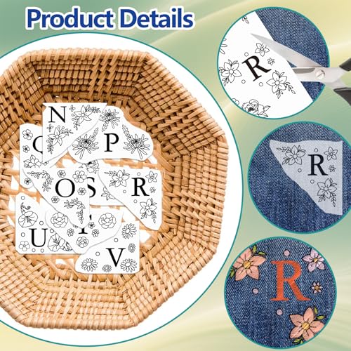 ORIGACH 4 Sheets Water Soluble Embroidery Patterns Stabilizers - Pre-Printed Letter & Flowers Designs - Stick & Stitch Embroidery Paper for Hand Sewing Lovers - color: Letter & Flowers