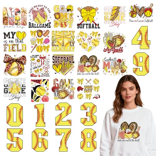 Rngmsi Dtf Transfers Ready to Press - 30 Pcs Softball Sports Iron on Patches for T-Shirts, Game Letter Iron on Stickers Bow Heat Transfer Vinyl Decals for Pillow DIY Fabric Clothes Decor - style: SoftballSports