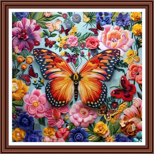 Dimensean Counted Cross Stitch Kit for Beginners, 11CT Unprinted Cross-Stitch Kit Easy Patterns Needlepoint Kit Cross Stitching Embroidery Kit Supplies-Colorful Butterfly Flowers 18x18 inch - color: ColorDIY02