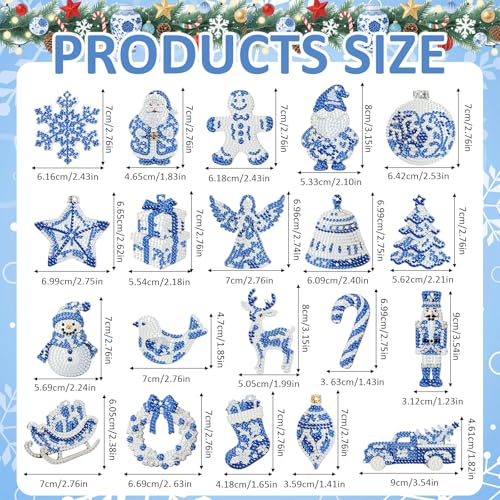 20 Pcs Christmas Diamond Art Ornaments Diamond Painting Keychain Kits - style: Blue and White Porcelain