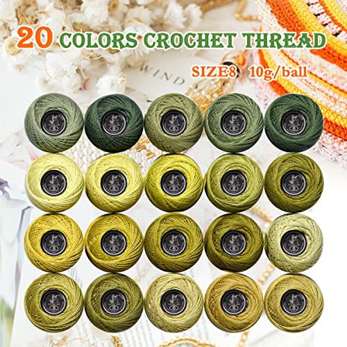 Soft 20 Colors Classic Crochet Thread 20 Pack,100% Cotton (Khaki Green-522-370) - color: Khaki Green Series