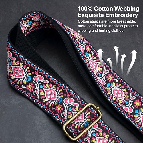 Nefelibata Banjo Strap,2"Wide Double Crazy Horse Leather Jacquard Embroidery Strap Adjustable Replacement,Multi-pattern Strap With Metal Clips - color: A#-embroidery Red