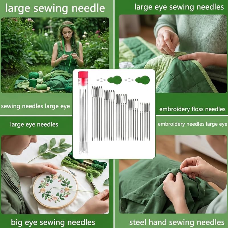 25 Pack Large Eye Needles for Hand Sewing & Embroidery – Big Eye Sewing Needles Assorted Sizes with 2 Needle Threaders, Sharp Steel Big Eye Embroidery Needles for Quilting and Crafts