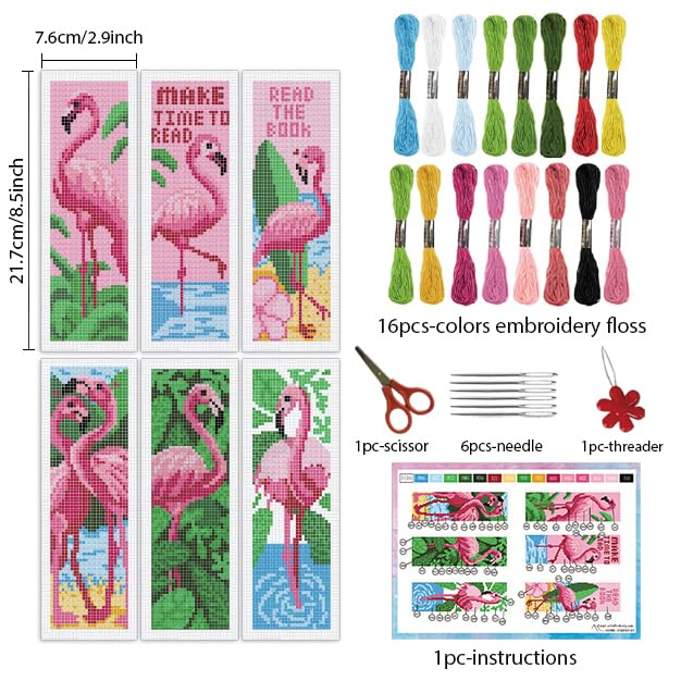 INFUNLY 6PCS Flamingo Cross Stitch Bookmarks Kit Pink Handmade Cross Stitch Bookmarks Make Time to Read DIY Cross Stitch Bookmark Set with Backing Felt Floss Instruction for Adult Book Lovers - style: 6PCS Flamingo