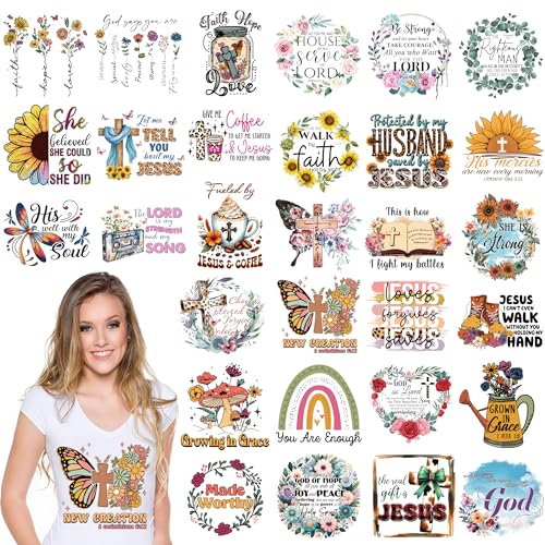 Dazoratix Christian Iron on Patches - 30 Sheets Religious Transfers Ready to Press Bible Verse Religion Heat Transfer Design Stickers for T-Shirts Backpacks Women Girl DIY Crafts Clothing Decorations - style: Christian-30PCs