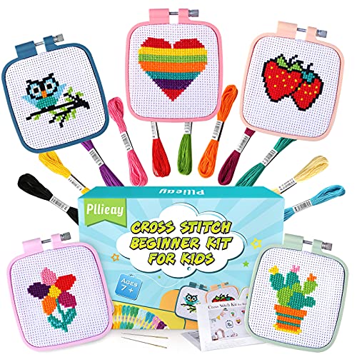 Pllieay 5PCS Cross Stitch Kits for Beginners for Kids 7-13, with Pattern - size: Square Embroidery Hoops