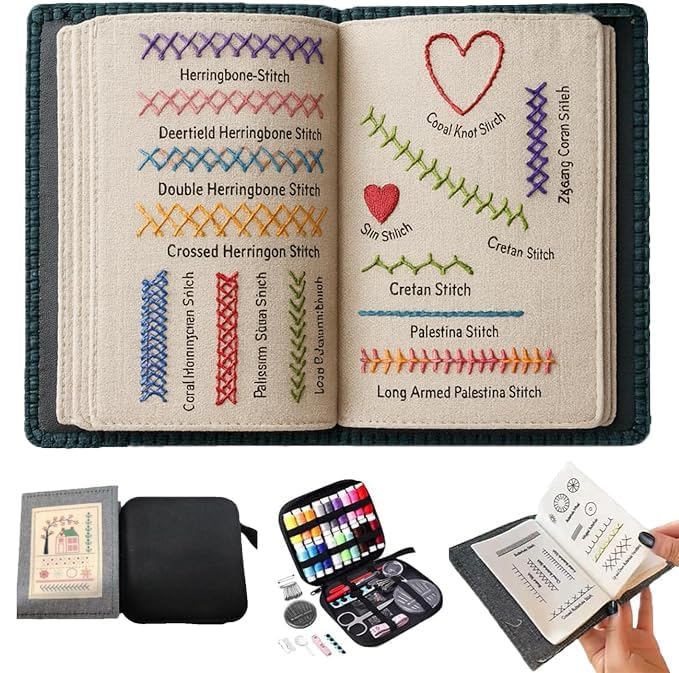 Kranla Embroidery Stitch Book Kit DIY, All in One Sewing kit, All Scenario Sampler for Beginners, Embroidery Practice Pattern with 106 Stitches Sewing Set, Portable Cross Stitch Book