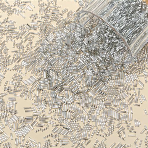 4200pcs Glass Bugle Beads, Mini Long Tube Seed Beads Bulk, Tiny Small Loose Spacer Embroidery Beaded for Bracelets Jewelry Making Sewing, Crafts, Christmas Ornaments, 2×6mm, Silver - color: Silver
