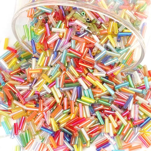 4000 Pcs Rainbow Mix Glass Bugle Beads, 2 x 7 mm Embroidery Beads, Small Long Tube Seed Beads for Embroidery Craft Jewelry Making - color: Rainbow Mix