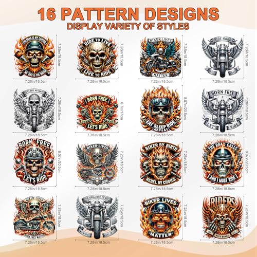 Wxiben 16 Pcs Motorbike Skull Iron on Transfer Dtf Transfers Ready to Press - style: Motorbike Skull